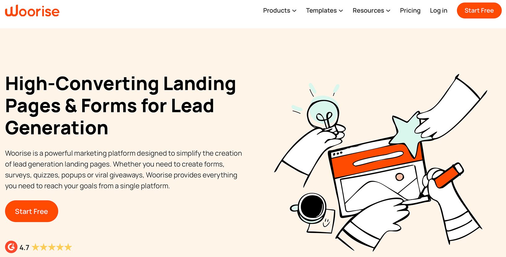 Woorise homepage showing lead generation tools and landing page builder illustration