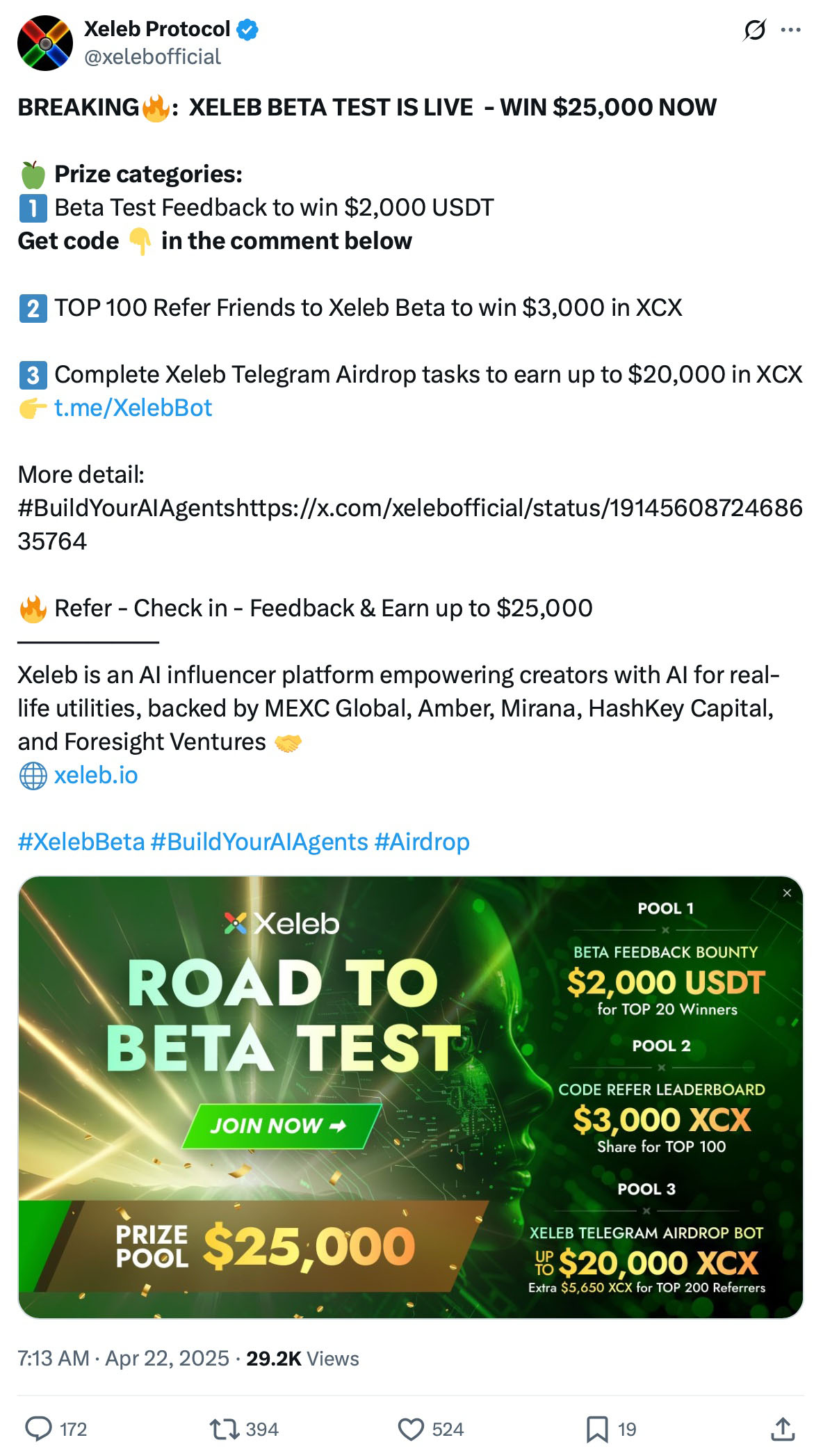 Xeleb Protocol tweet announcing a $25,000 beta testing campaign with feedback, referrals, and airdrop tasks