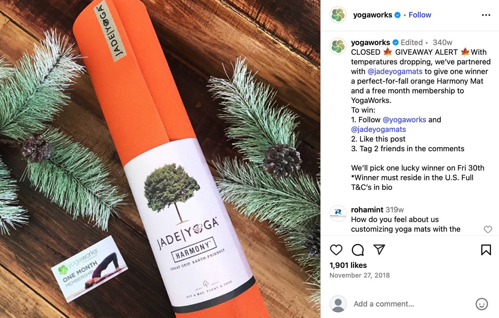 YogaWorks x JadeYoga Fall Giveaway Orange Jade Yoga mat and YogaWorks membership card flat lay