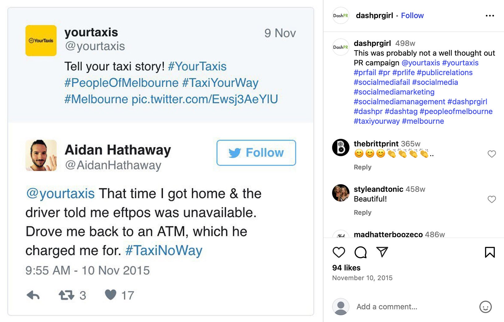 YourTaxis campaign faces criticism over PR execution Tweet screenshot highlighting a bad taxi experience used in a YourTaxis campaign