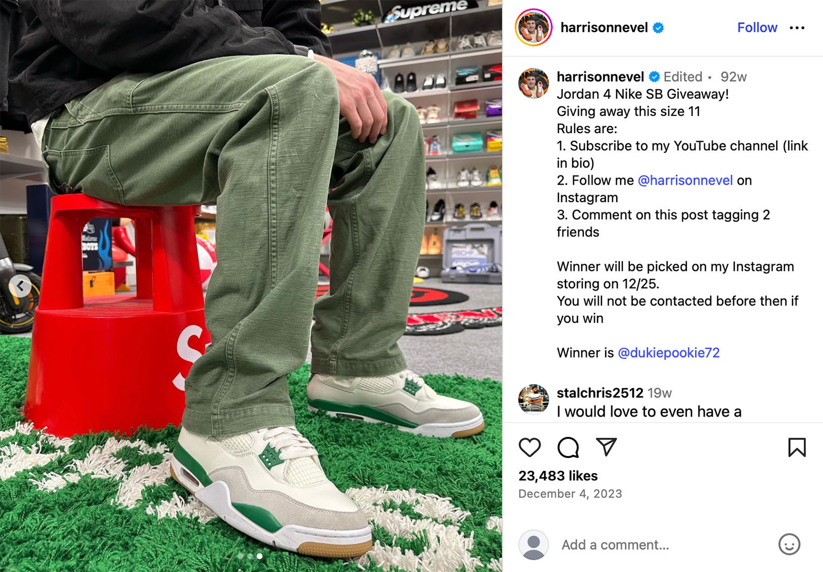 Example of a YouTube giveaway promoted via Instagram Instagram giveaway post by Harrison Nevel promoting a YouTube giveaway for Jordan 4 Nike SB sneakers