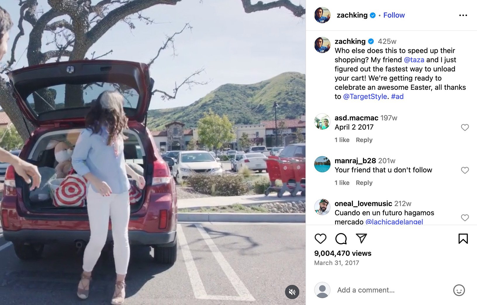 Zach King teams up with TargetStyle for a magical Easter shopping promo Woman unloading Target bags from a red SUV in a parking lot with Zach King