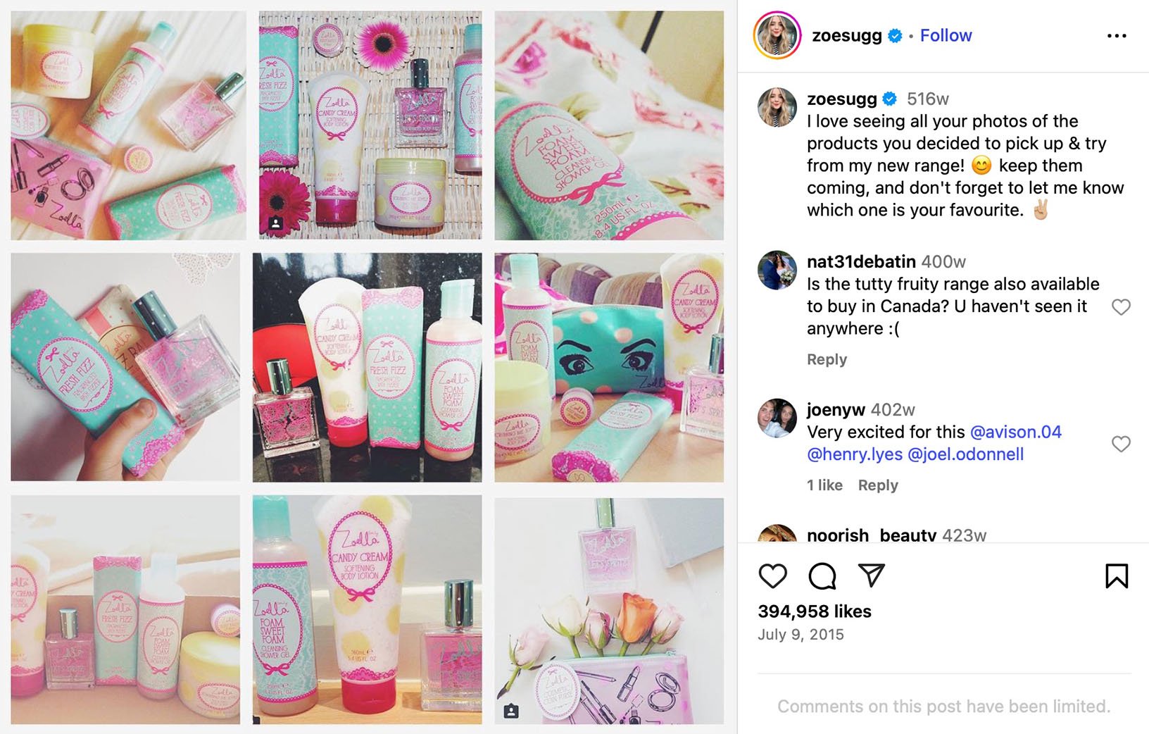Zoe Sugg showcases her Zoella beauty range with fan photos Collage of Zoella beauty products including body mists, lotions, and fizz bars in pastel packaging