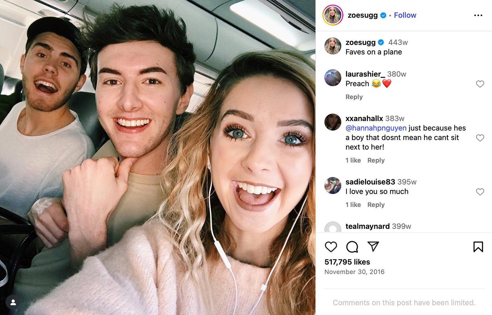 Zoe Sugg shares 'faves on a plane' moment with friends Zoe Sugg taking a cheerful selfie on a plane with Alfie Deyes and another friend