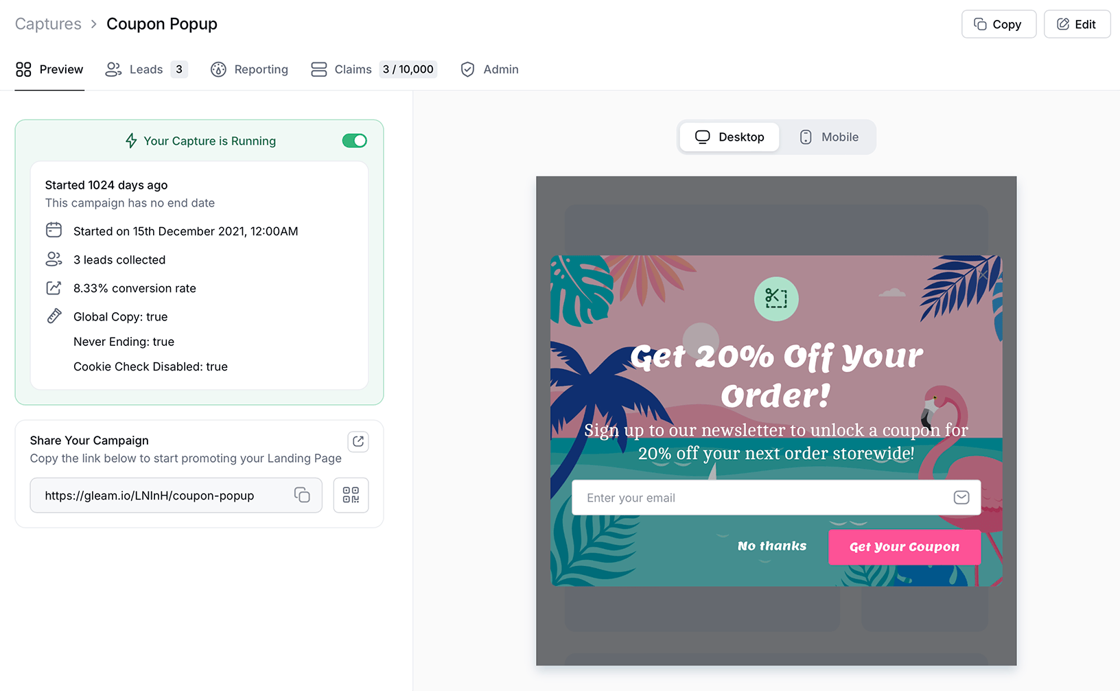 Gleam interface showing capture landing page