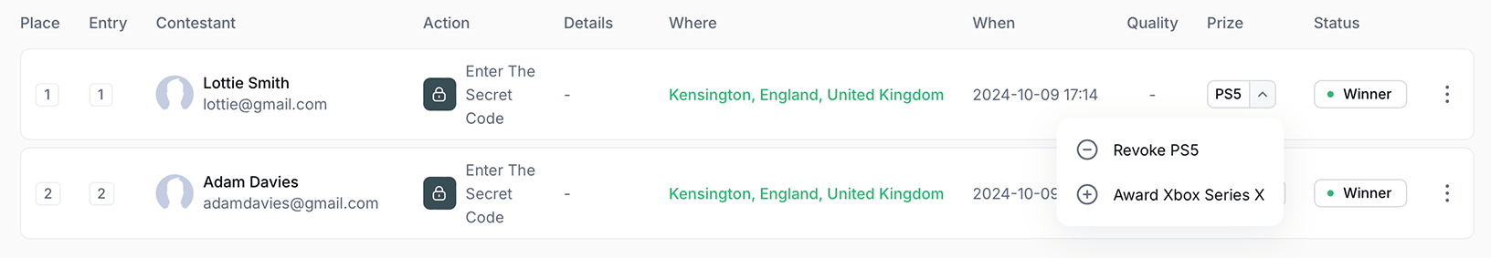 Change the status of a winner in Gleam Competitions