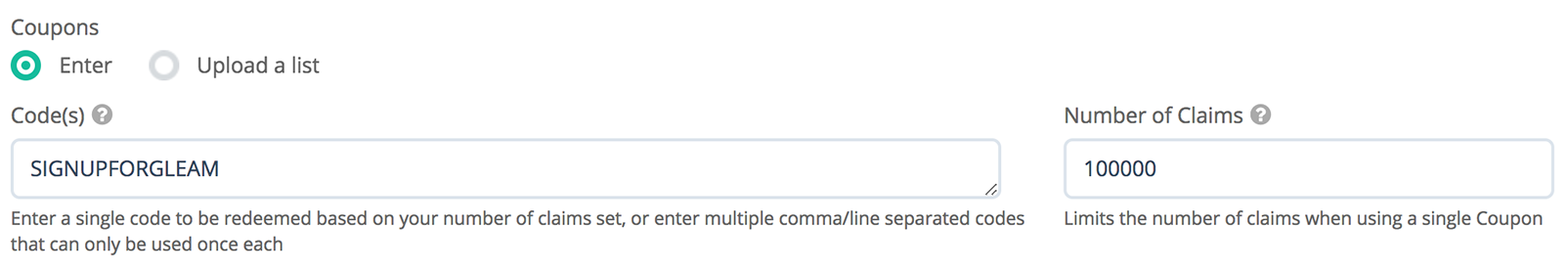 Improvement: Better handling for bulk coupon codes in Gleam Rewards
