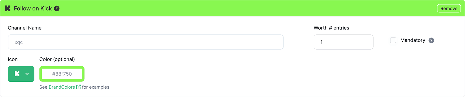 Admin view of Follow on Kick Action for Gleam.io