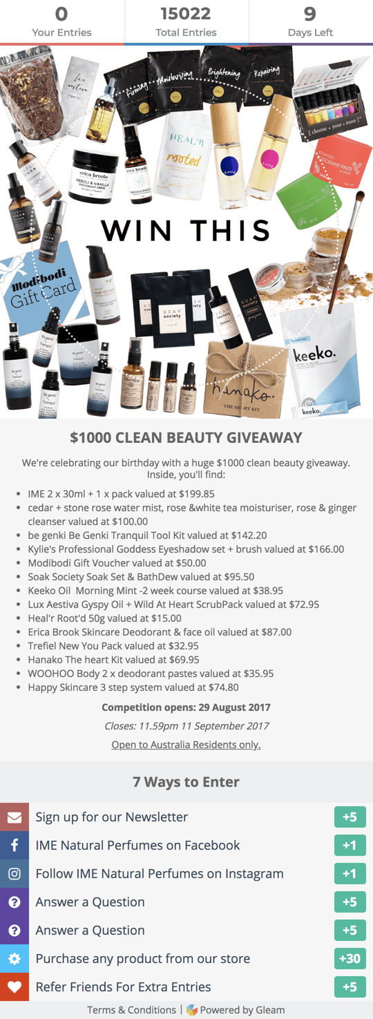 IME Natural Perfume's Gleam Competitions campaign widget