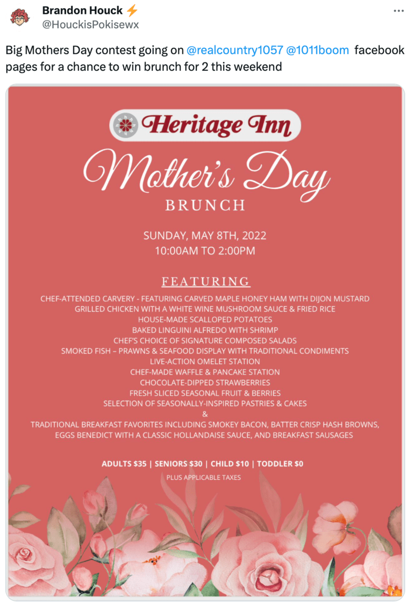 Give Away A Special Lunch For Two On Mother's Day Lunch giveaway prize for Mother's Day promotion