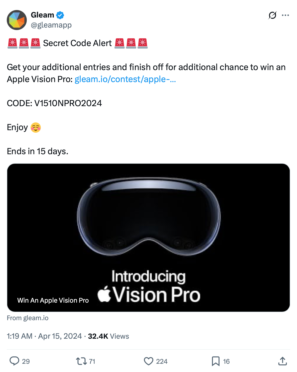 Gleam's secret code competition feature on Twitter Screenshot showcasing Gleam's secret code competition feature