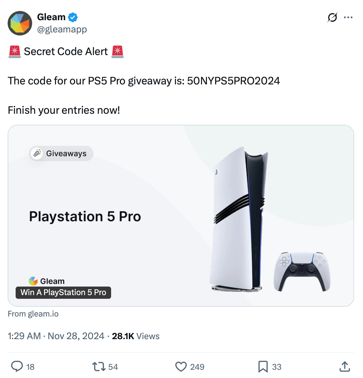 Screenshot showcasing Gleam's feature on X