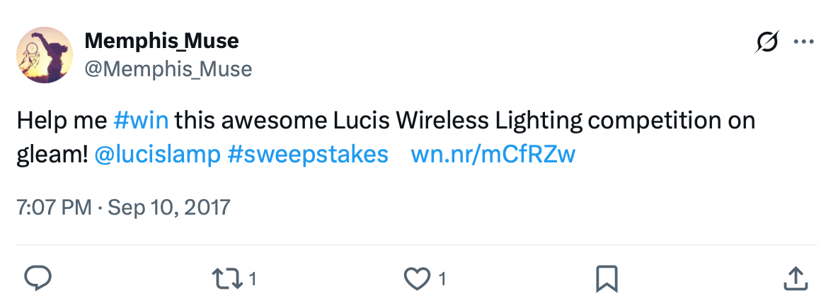 Lucis Wireless Lighting sweepstakes entry shared by Memphis Muse Tweet promoting Lucis Wireless Lighting competition on Gleam