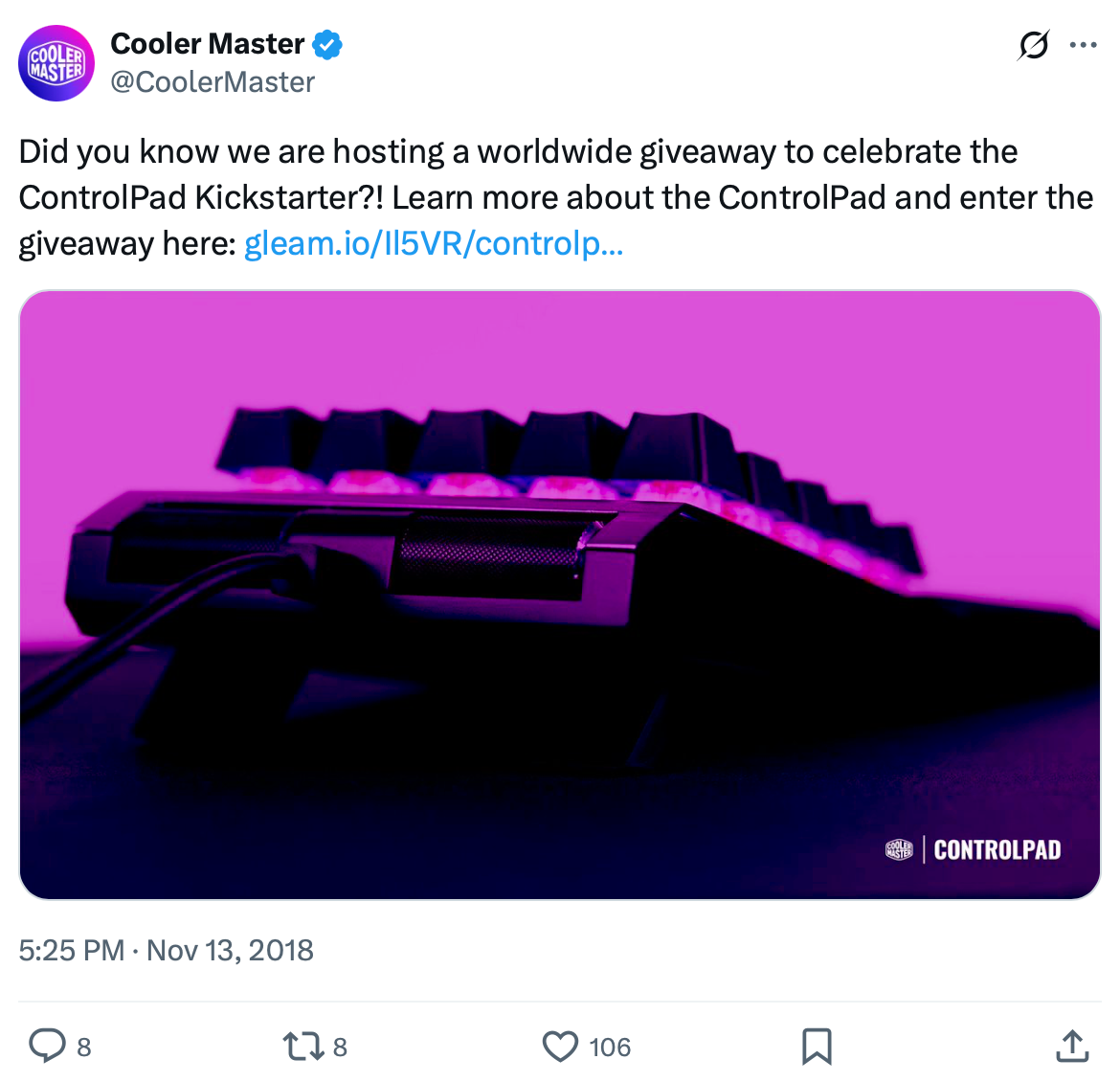 Cooler Master launches ControlPad giveaway via Kickstarter Cooler Master ControlPad keyboard with RGB lighting on purple background