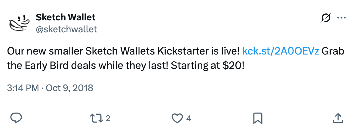 Sketch Wallet Kickstarter launches with $20 early bird offer Tweet announcing Sketch Wallet Kickstarter launch and early bird deals