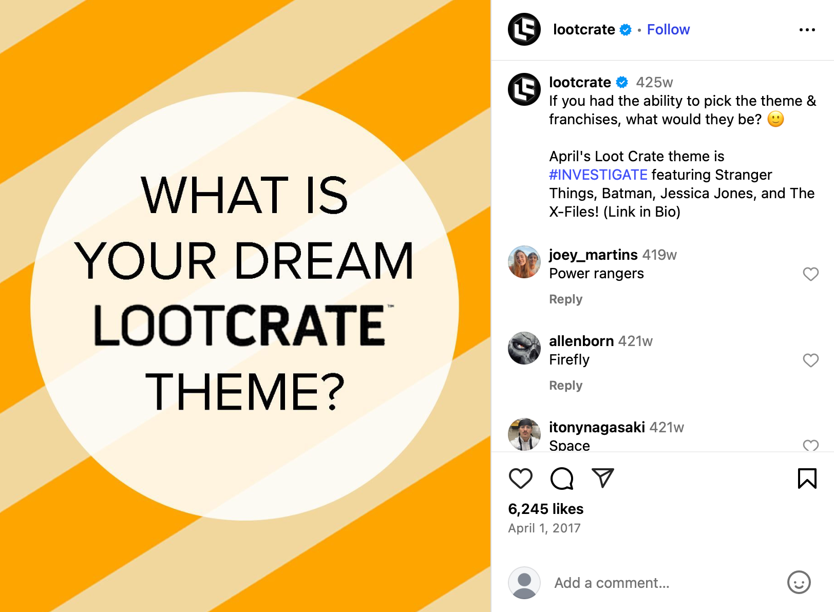 Loot Crate asks fans to share their dream box themes Graphic asking 'What is your dream Loot Crate theme?' on yellow diagonal background