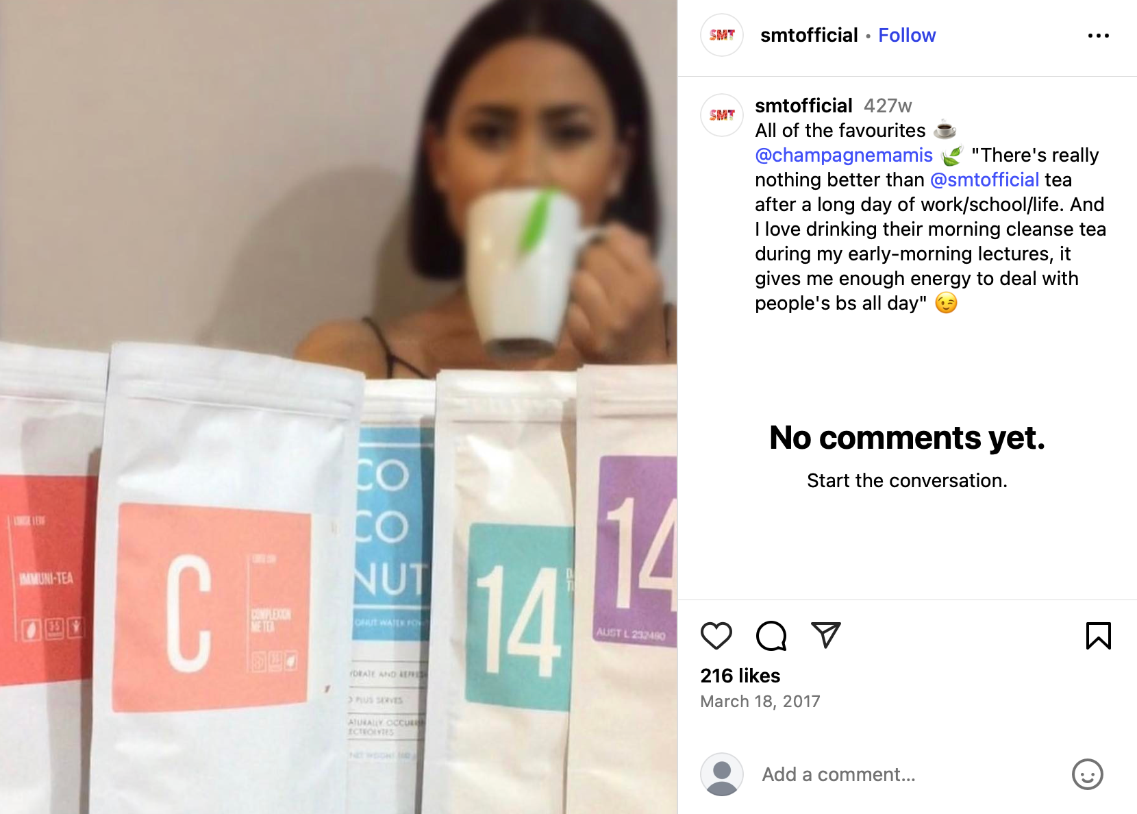 SMT shares user quote celebrating their morning tea routine Woman sipping from a mug with SkinnyMe Tea product packs in focus, including Immuni-Tea, Complexion Me Tea, and Coconut Water