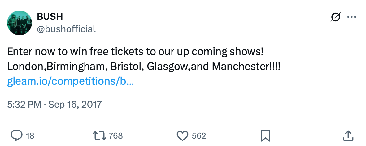 Tweet from BUSH offering free tickets to shows in UK cities