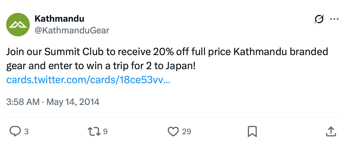 Tweet from Kathmandu about Summit Club membership and trip to Japan giveaway