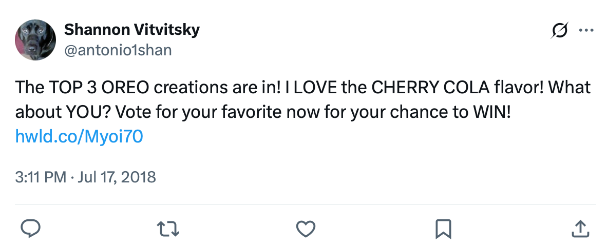 OREO Flavor Contest — Vote to Win! Tweet saying 'The TOP 3 OREO creations are in! I LOVE the CHERRY COLA flavor! Vote for your favorite now for your chance to WIN!'
