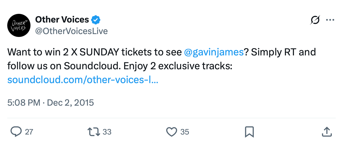 Other Voices Ticket Giveaway — Win Sunday passes to see Gavin James by following on SoundCloud Twitter post from Other Voices promoting a giveaway for two Sunday tickets to see Gavin James