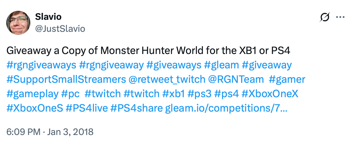 Monster Hunter World giveaway tweet for Xbox One or PS4 Tweet announcing a giveaway for Monster Hunter World on Xbox One or PS4 with several gaming hashtags
