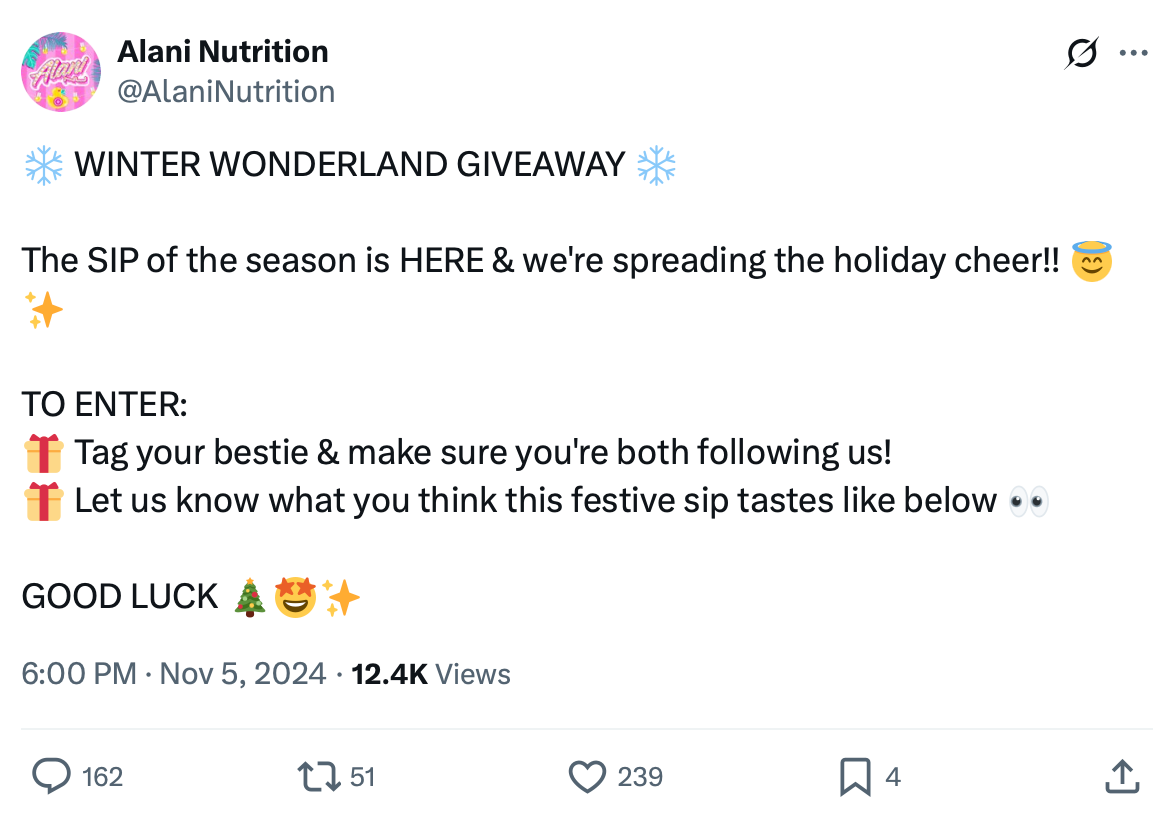 Tweet from Alani Nutrition promoting their Winter Wonderland giveaway with instructions to tag a friend and comment