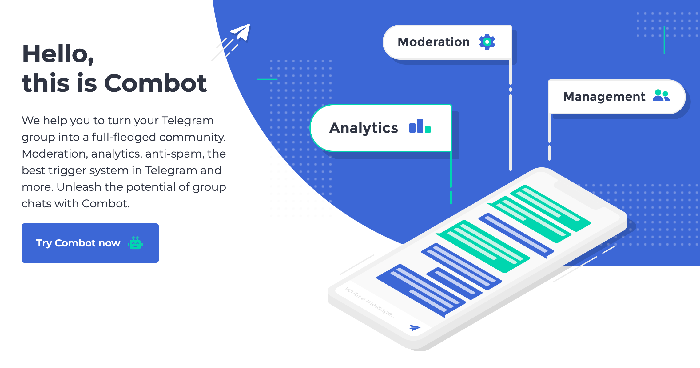 Combot homepage preview showing Telegram chat analytics, moderation and group management features