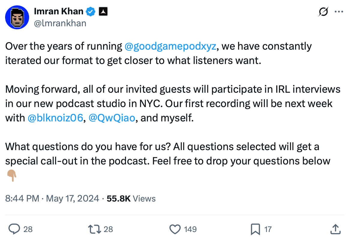 Imran Khan updates podcast format with in-studio interviews and guest engagement Tweet by Imran Khan announcing a new podcast studio format with IRL interviews and listener Q&A