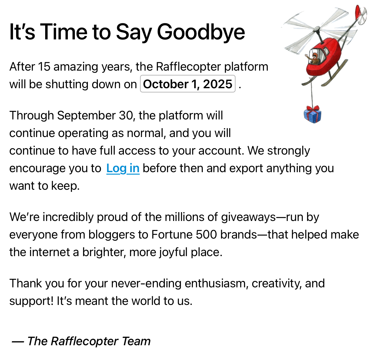 Rafflecopter announces platform shutdown on October 1, 2025 Shutdown announcement from Rafflecopter showing October 1, 2025 as the closure date