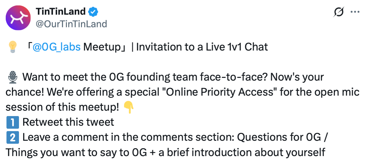 Example of a crowdfunding giveaway offering behind-the-scenes access as a prize Tweet offering a giveaway for online priority access to meet the founding team via a live 1v1 chat