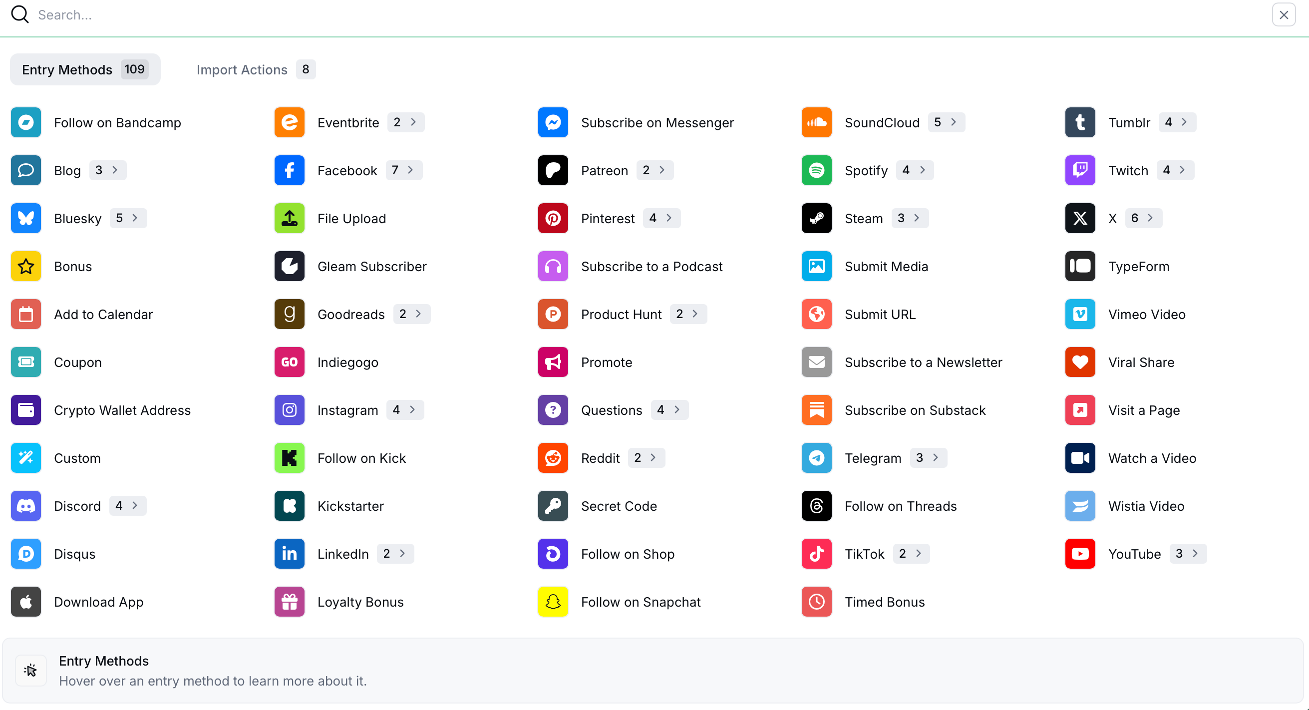 Example of entry method options inside Gleam’s competition editor List of available Gleam contest entry methods including social follows, app installs, and custom actions