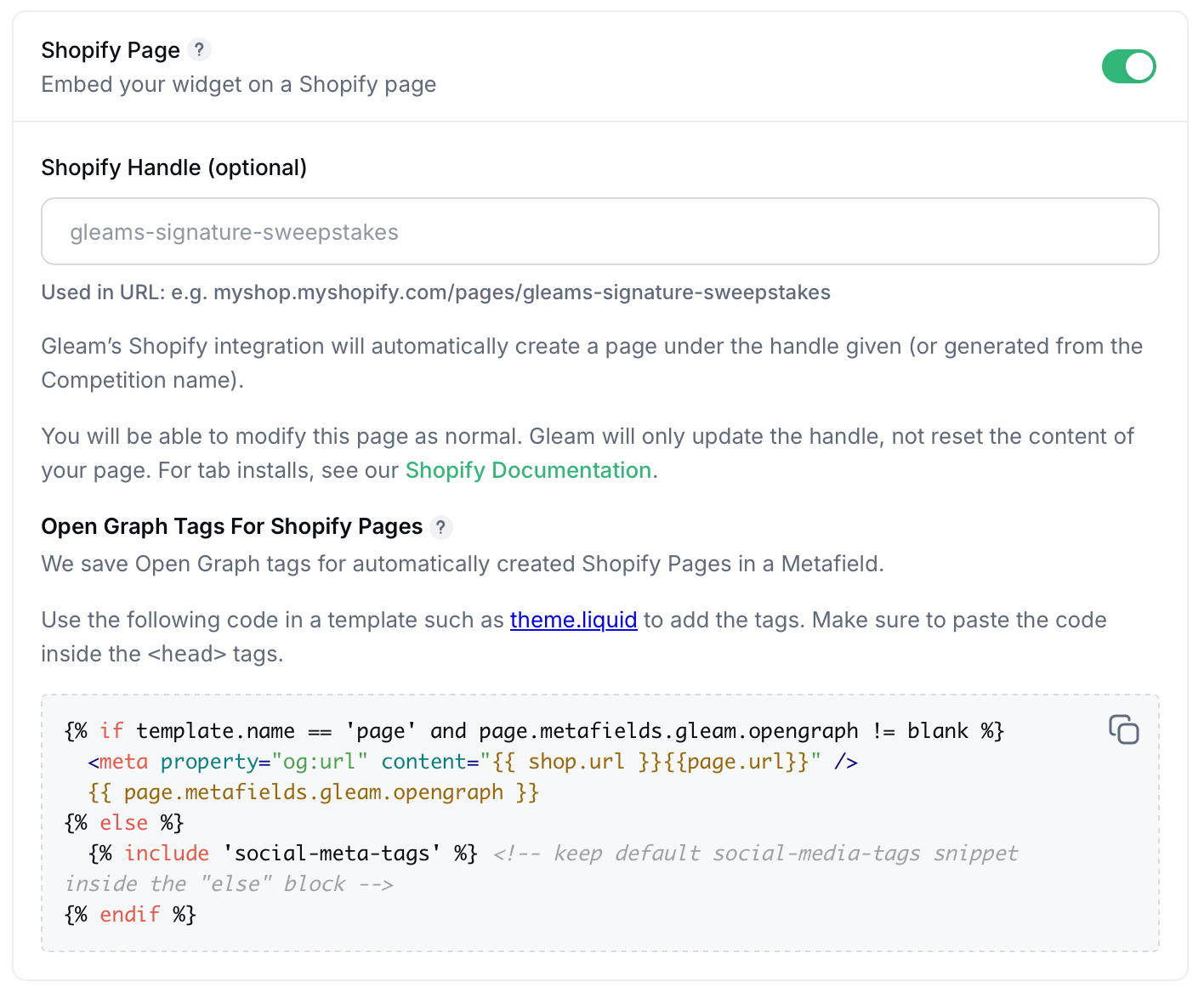 Paste your Gleam embed code to Shopify in HTML editor