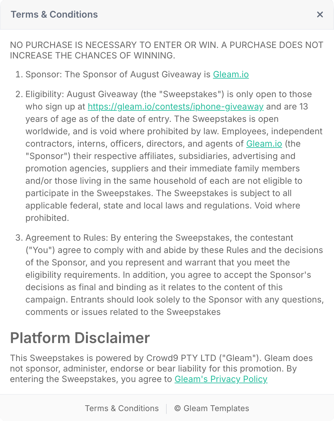 Gleam widget showing terms and conditions