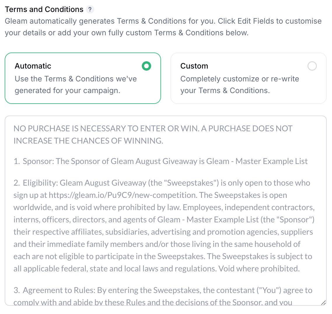 Gleam interface with terms and conditions
