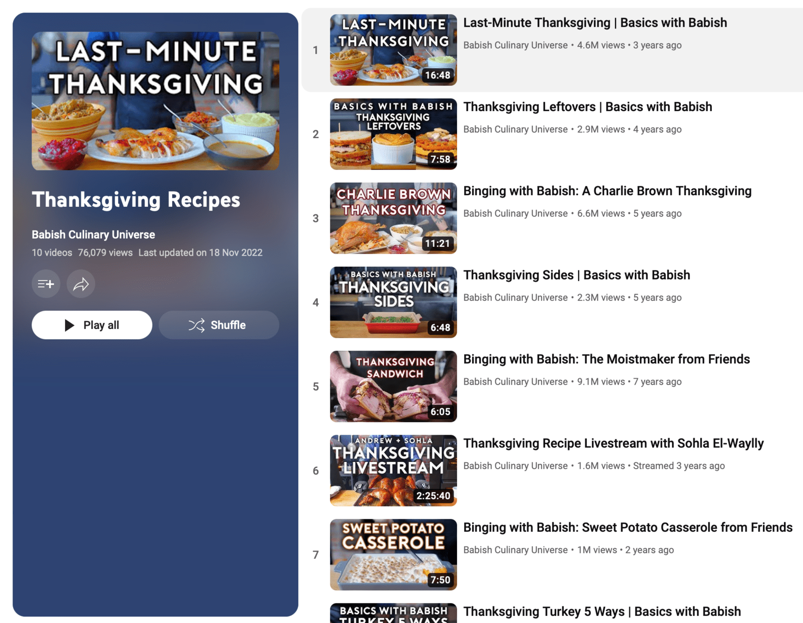 Thanksgiving-themed recipe series thumbnail from a YouTube channel
