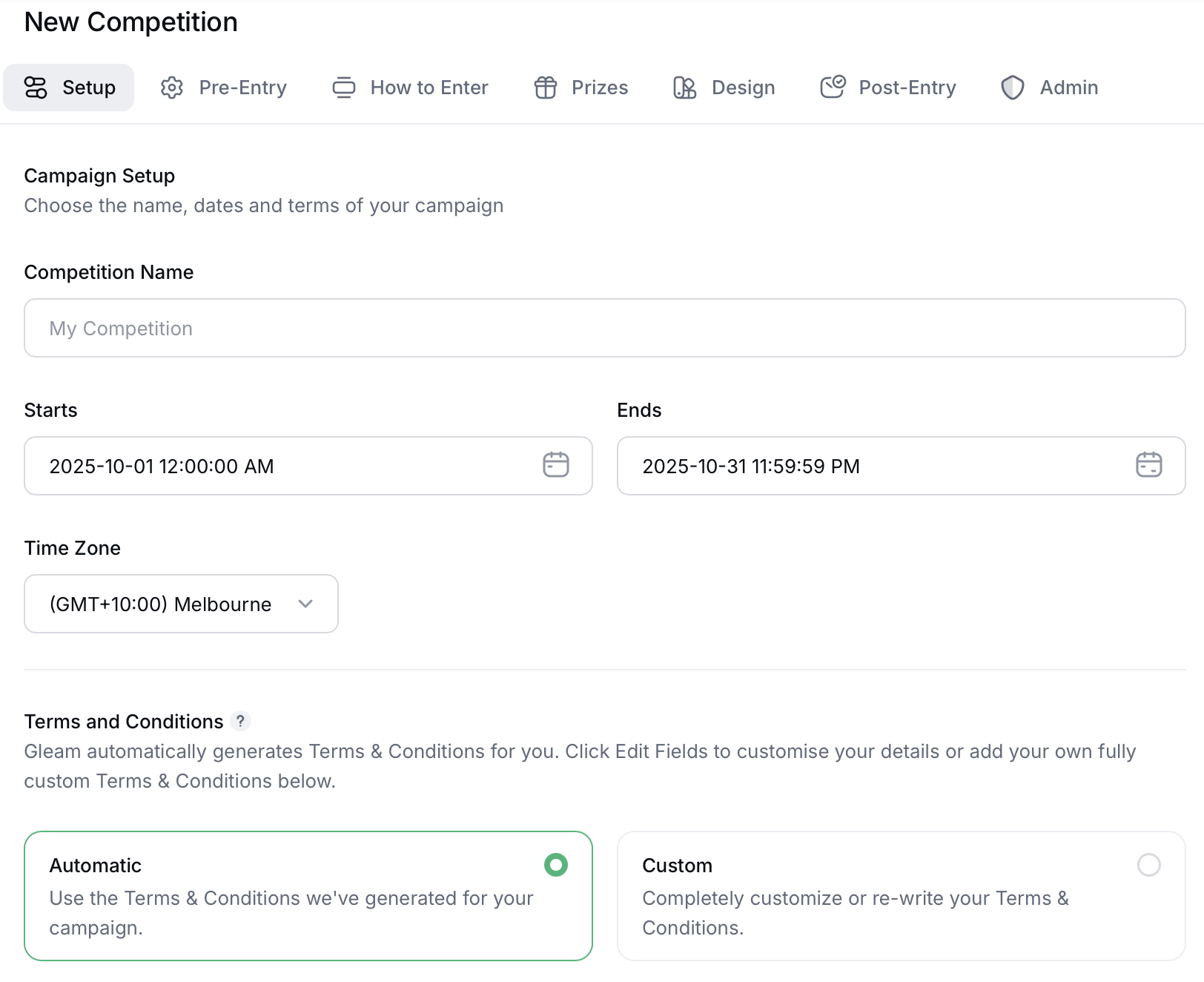 Gleam setup tab showing competition name, start and end dates, timezone, and terms and conditions options