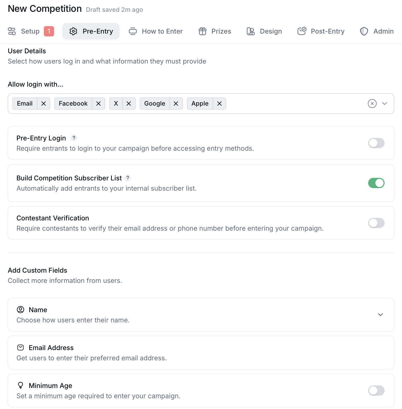 Gleam Pre-Entry tab showing login options, subscriber list toggle, and verification settings