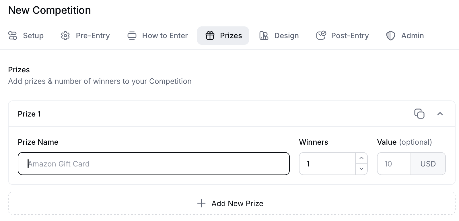 Gleam Prizes tab showing Amazon Gift Card entered as a prize with one winner and optional value