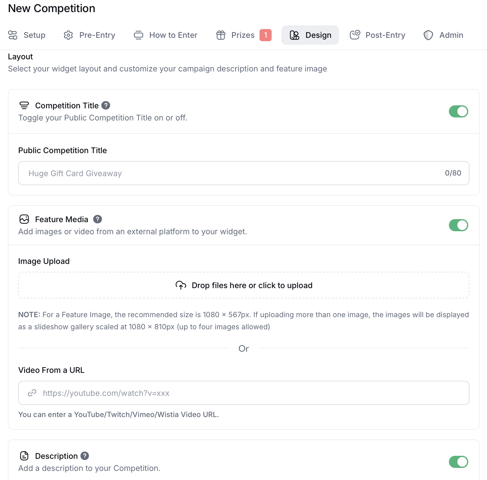 Gleam Design tab showing options to edit competition title, upload feature media, add video, and write a description