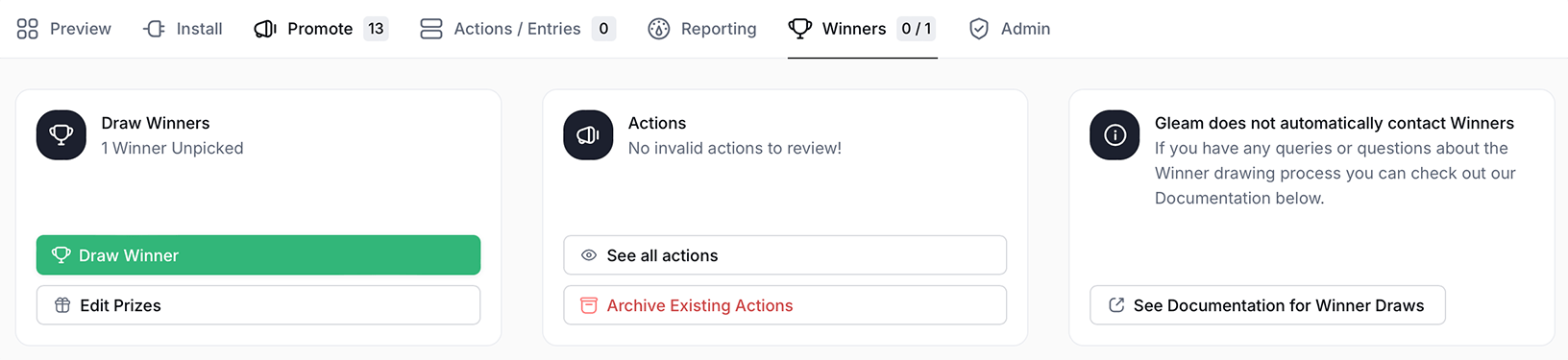 Winners tab on the Gleam Competitions dashboard